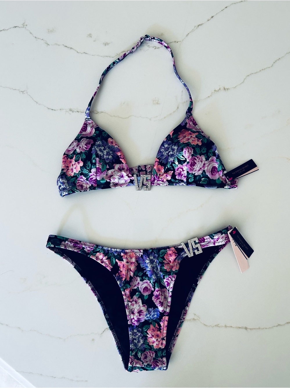 Victoria's Secret Floral Bling Logo Bikini Purple Multi M